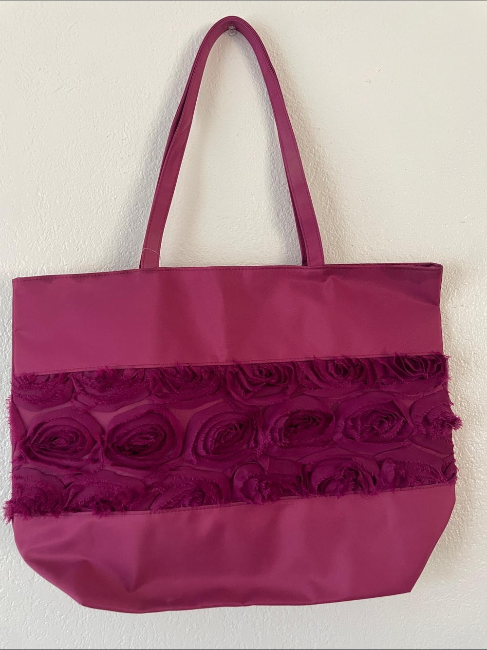 Rose-Trim Tote Bag in Deep Magenta
